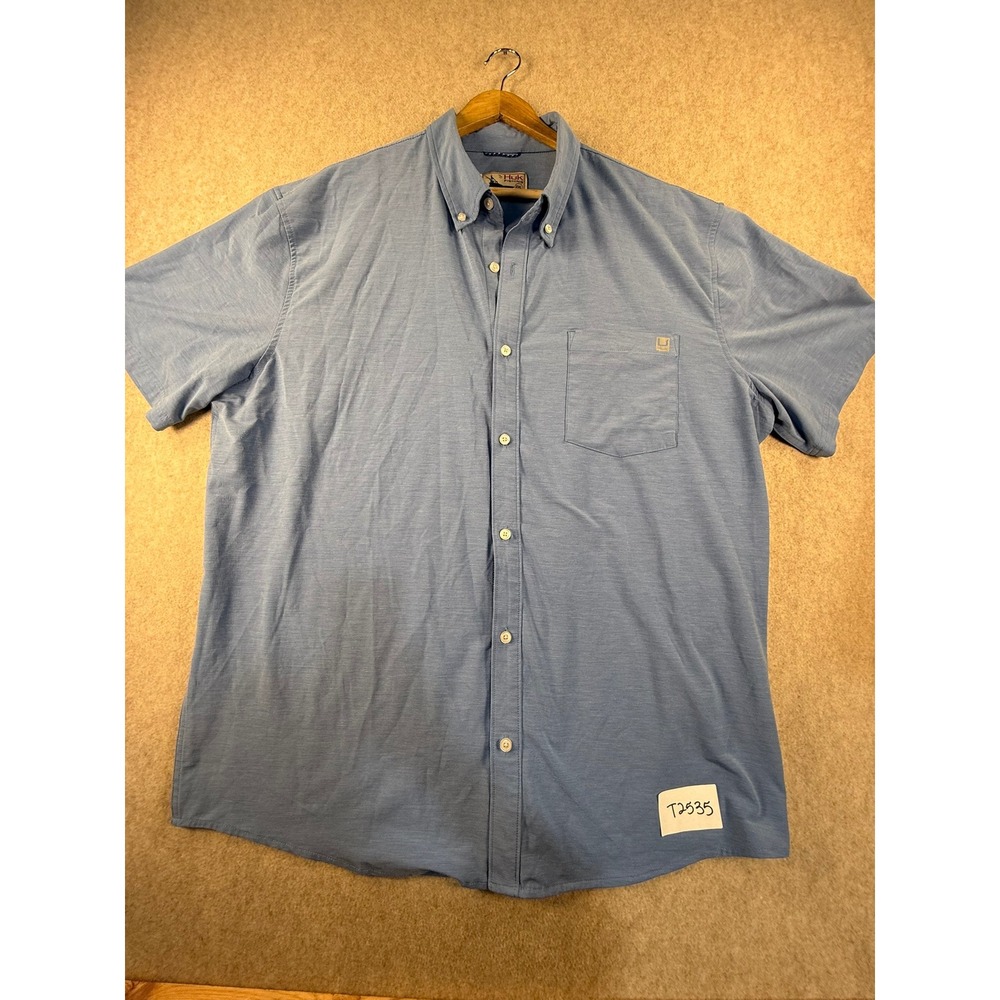 Huk Fishing Shirt Mens 2XL Blue Short Sleeve Button Down Performance Ventilated